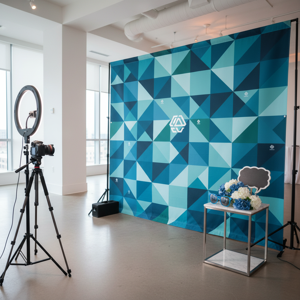 A vibrant custom photo booth backdrop with a unique design, set up in a modern event space in Ottawa, ready for guests to pose.