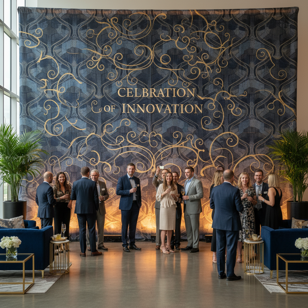 A vibrant personalized backdrop for events featuring custom artwork, set up in a modern event space with soft lighting.