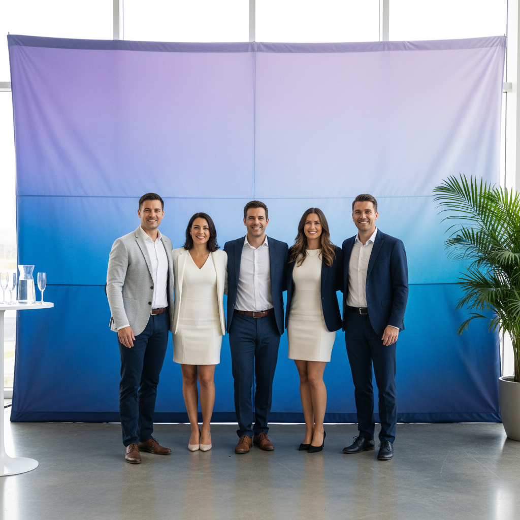 A vibrant personalized backdrop for events, custom-designed with a company logo and event theme, set up in a modern event space with soft lighting.