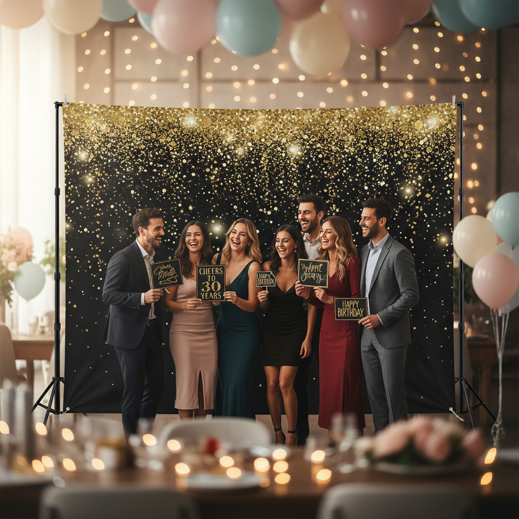 A vibrant personalized birthday backdrop with a bright 'Happy Birthday' message and custom graphics, set up in a festive party space