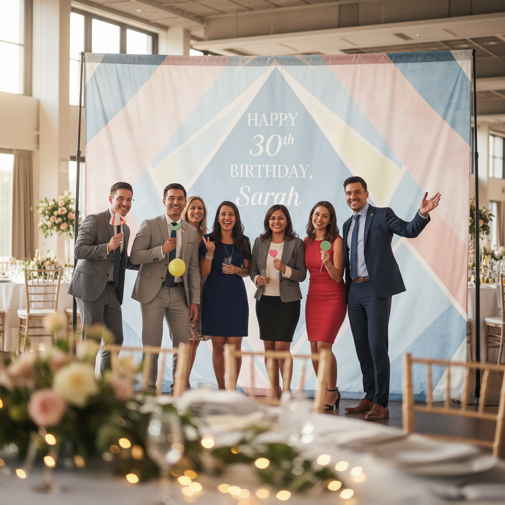A vibrant personalized party backdrop in Canada for a birthday celebration, featuring custom text and balloons