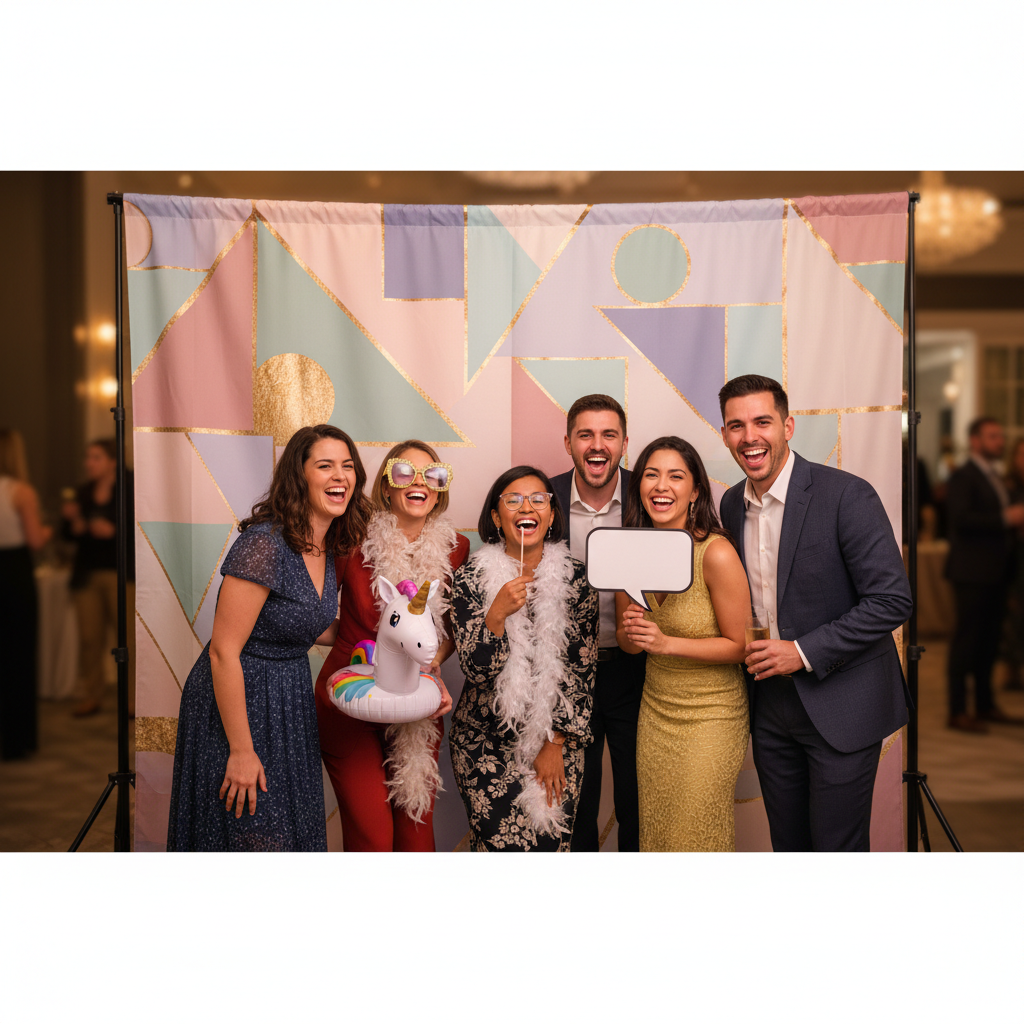 A vibrant custom photo booth backdrop with a Canadian maple leaf design and people posing happily in front of it.
