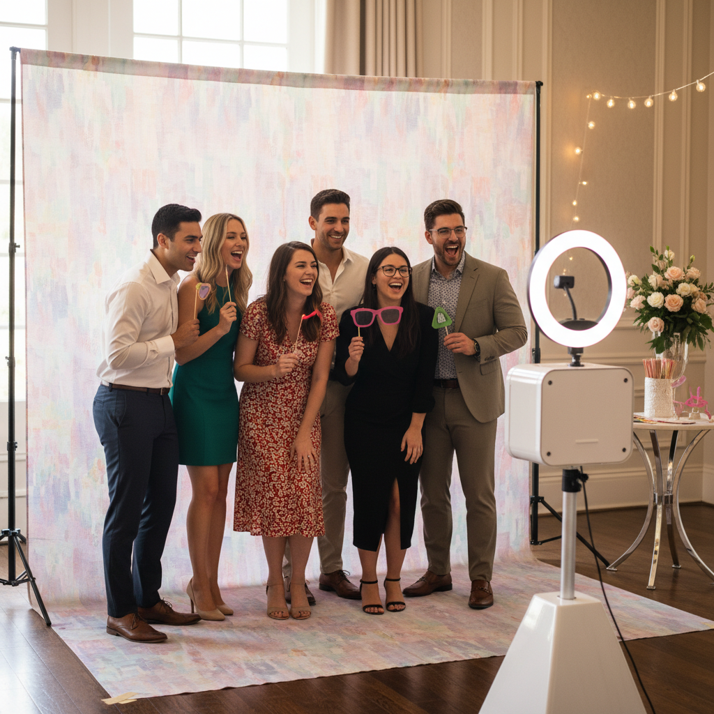 A brightly lit photo booth setup at an event, featuring a custom photo booth backdrop with a subtle, elegant pattern. Diverse people are laughing and posing in front of it.