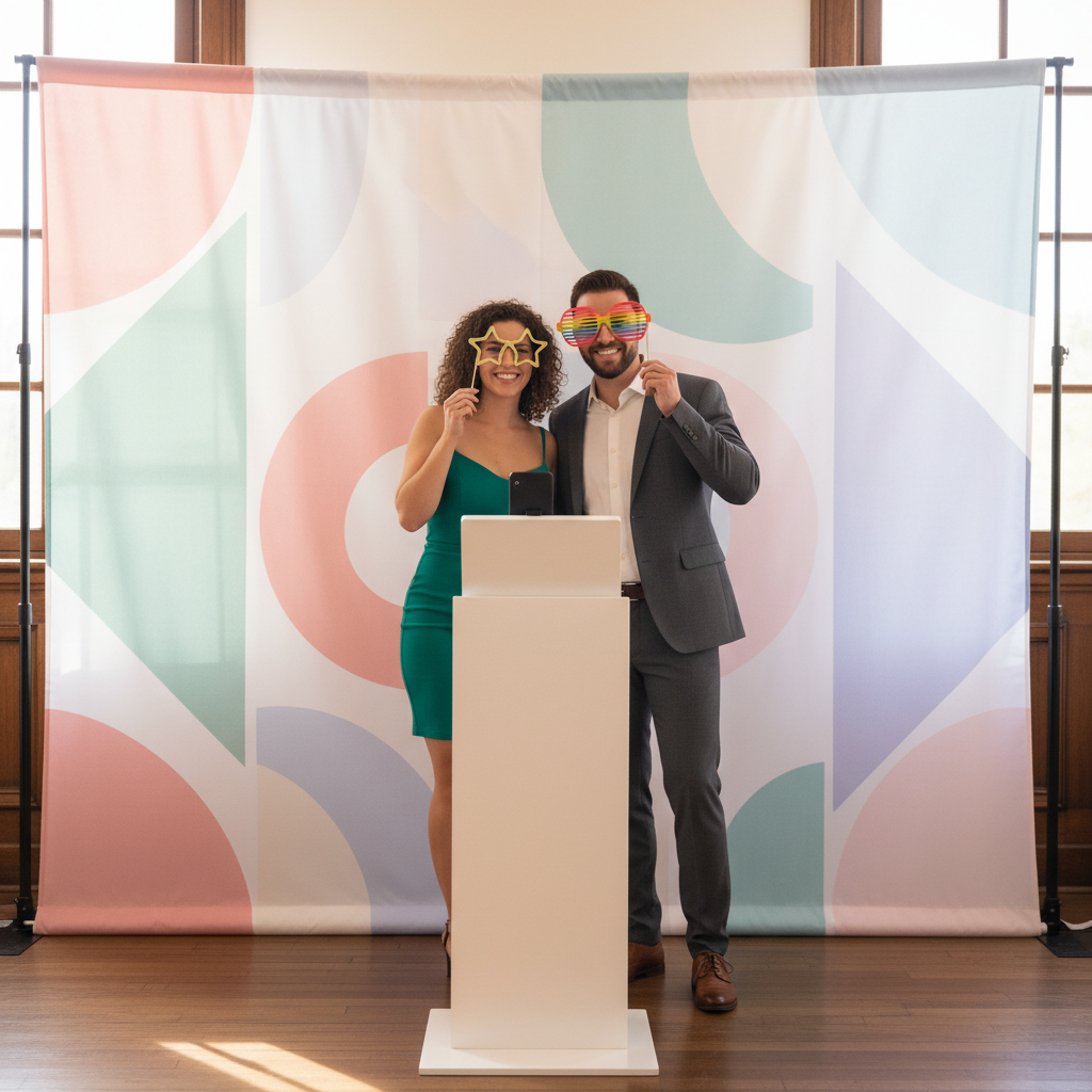 A diverse group of people laughing and posing in front of a vibrant, custom photo booth backdrop at an event in Canada, with a subtle True Backdrops logo in the corner