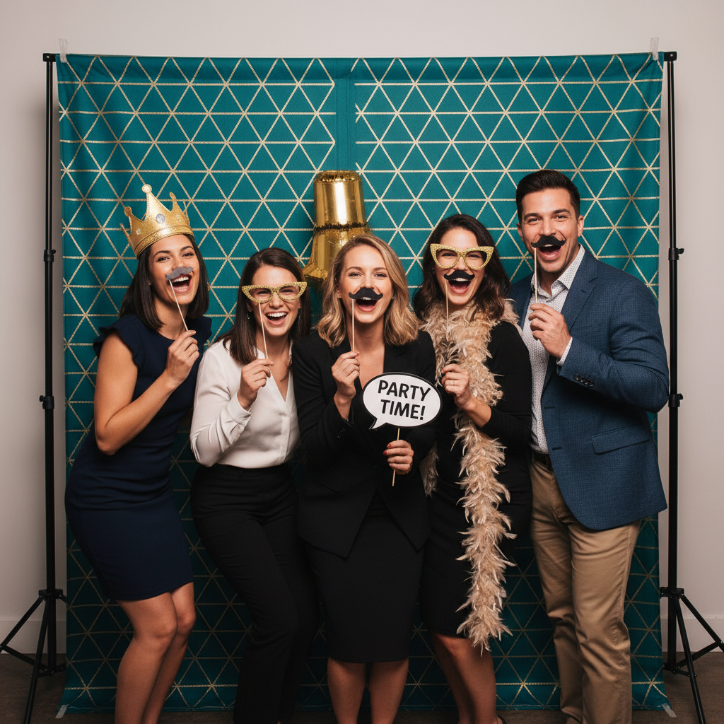 A vibrant photo booth backdrop in a Canadian setting, showcasing various designs and textures, ready for an event.