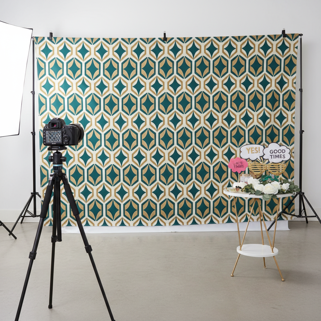 A vibrant photo booth setup with a custom fabric backdrop, a camera on a tripod, and fun props, illustrating a perfect photo booth setup guide