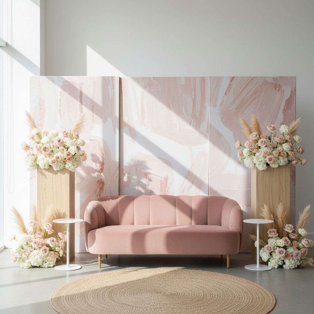 A sleek, black aluminum frame portable backdrop for photo booth business being set up in a modern event space, with soft studio lighting reflecting off the fabric. The backdrop shows a subtle geometric pattern in muted tones.