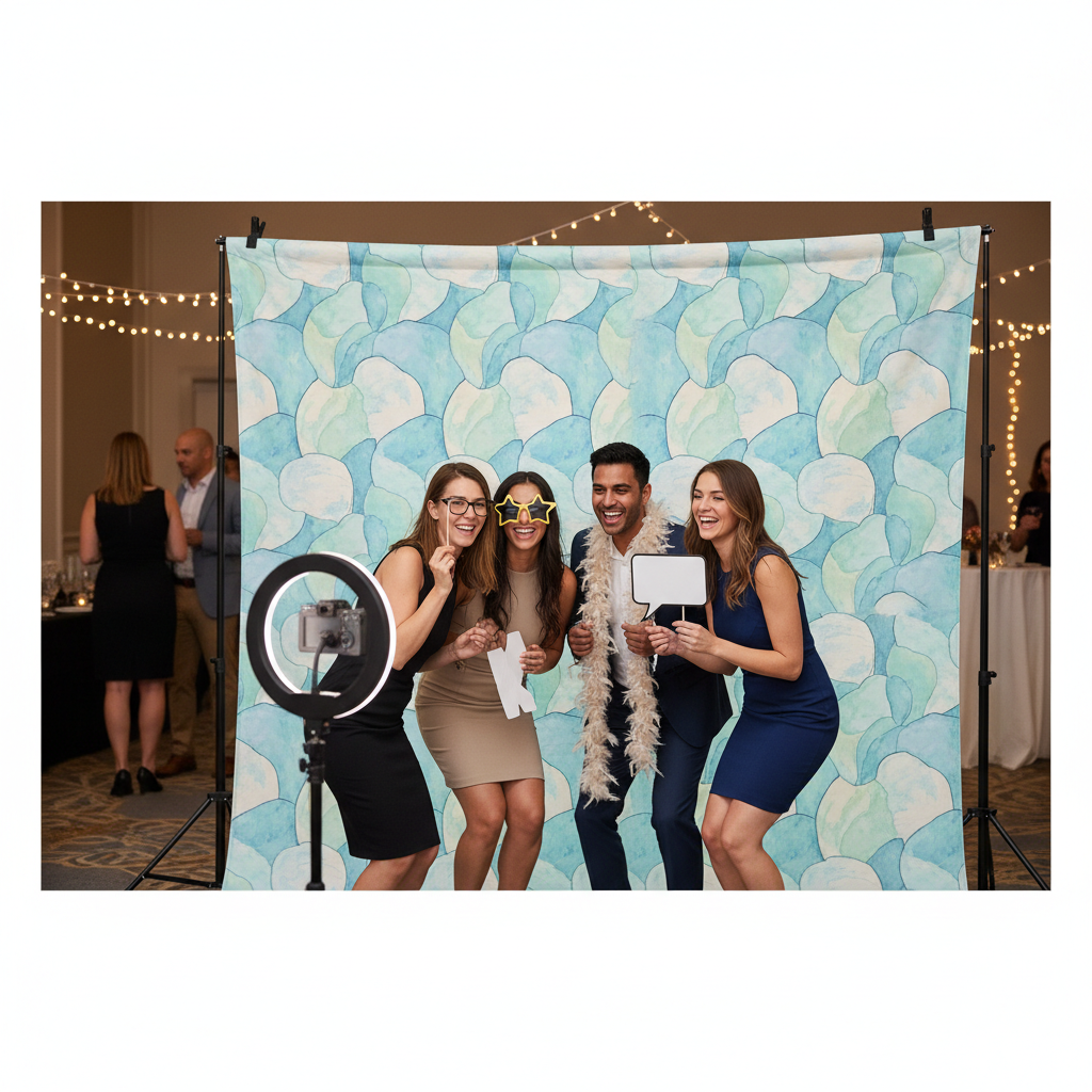 A professional photo booth setup with a vibrant, easily portable fabric backdrop at an event, with people smiling and posing in front of it.