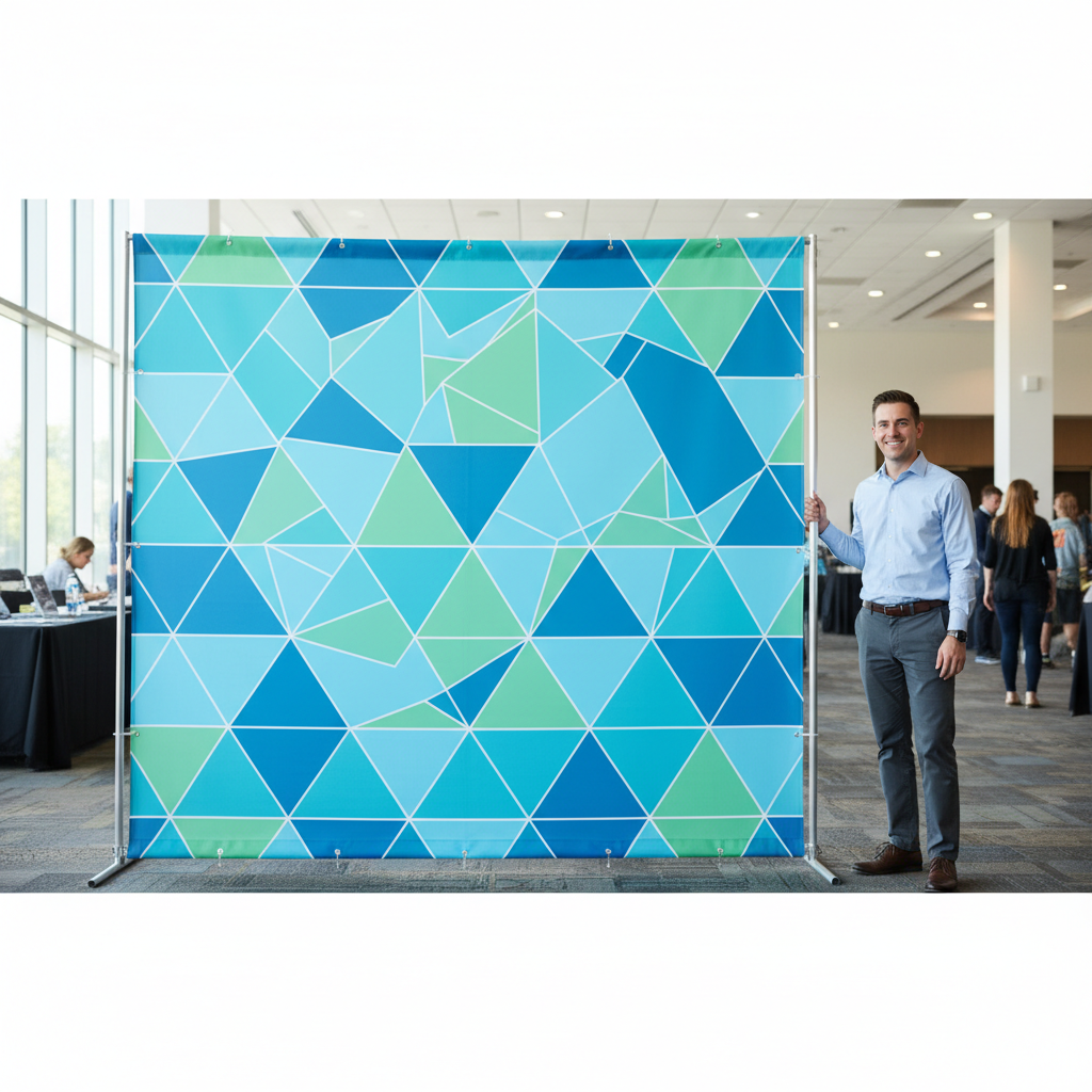 A person easily setting up a portable event backdrop kit at an outdoor event, with lush greenery in the background and soft natural light.