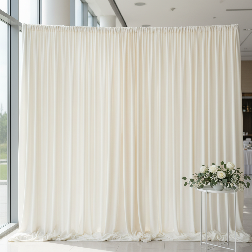 Elegant white pre-pleated backdrop for events with soft lighting
