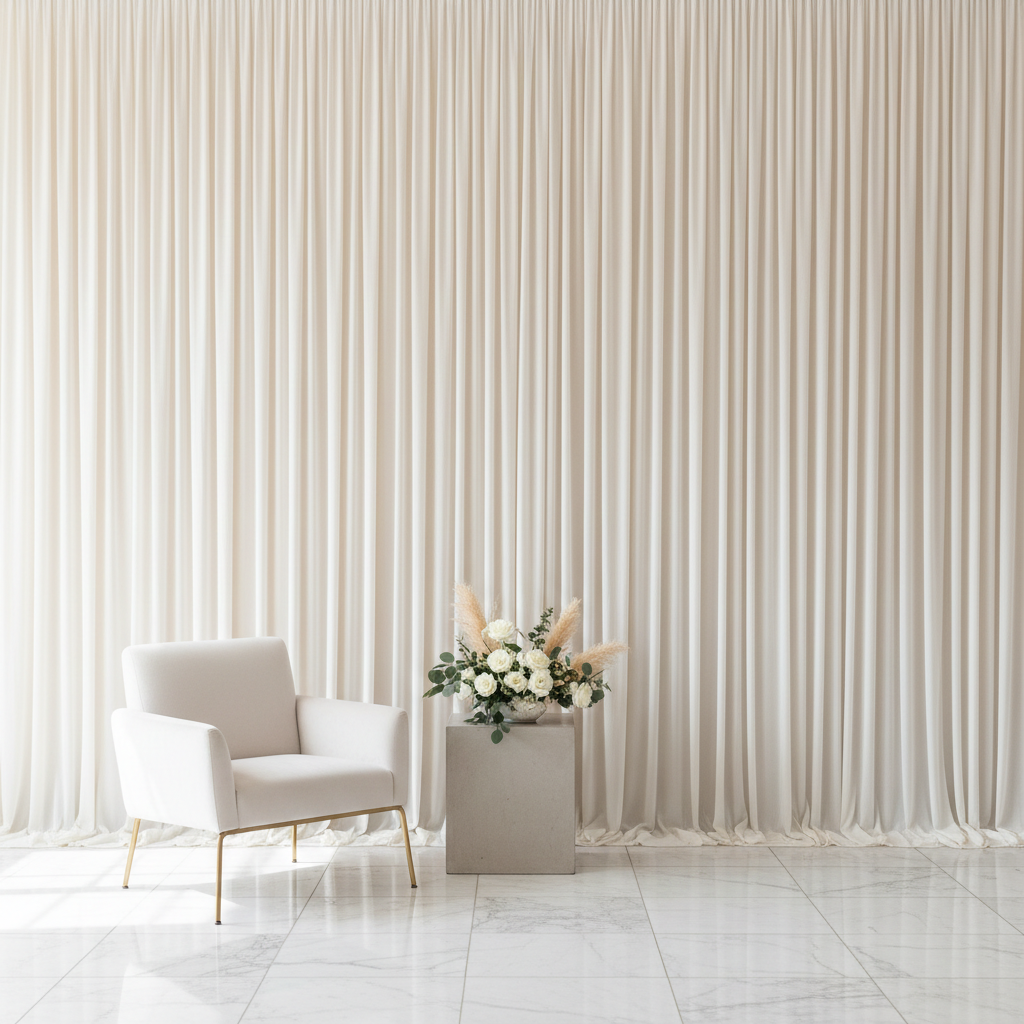 A professionally set up event space featuring a luxurious pre pleated backdrop for events, with soft lighting and a sleek, modern aesthetic