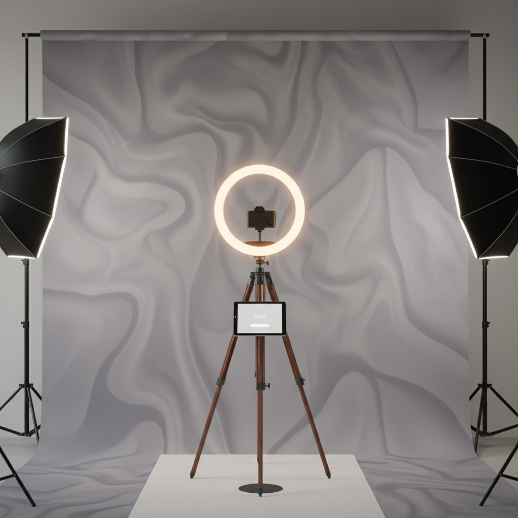 A stylish photo booth setup featuring a premium fabric backdrop with subtle geometric patterns, soft lighting, and a few elegant props, ready for guests to pose. The scene is inviting and well-lit.
