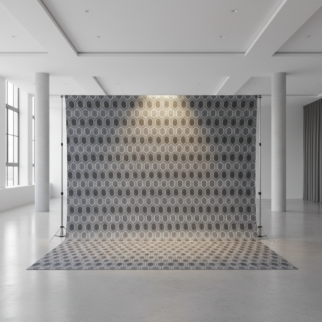 A premium fabric backdrop set with a sleek stand in a modern event space, illuminated by soft lighting.