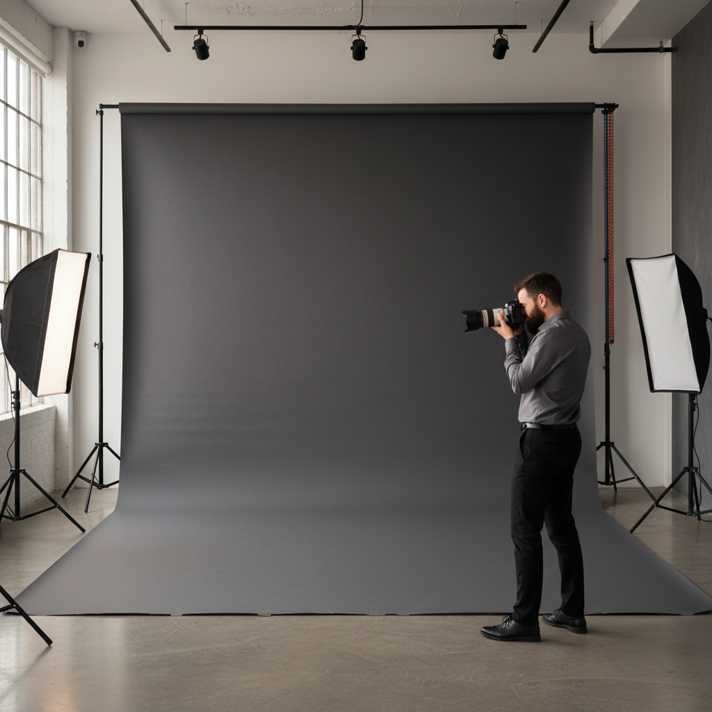 A sleek black professional backdrop for corporate photos with subtle backlighting, ready for an executive photoshoot.