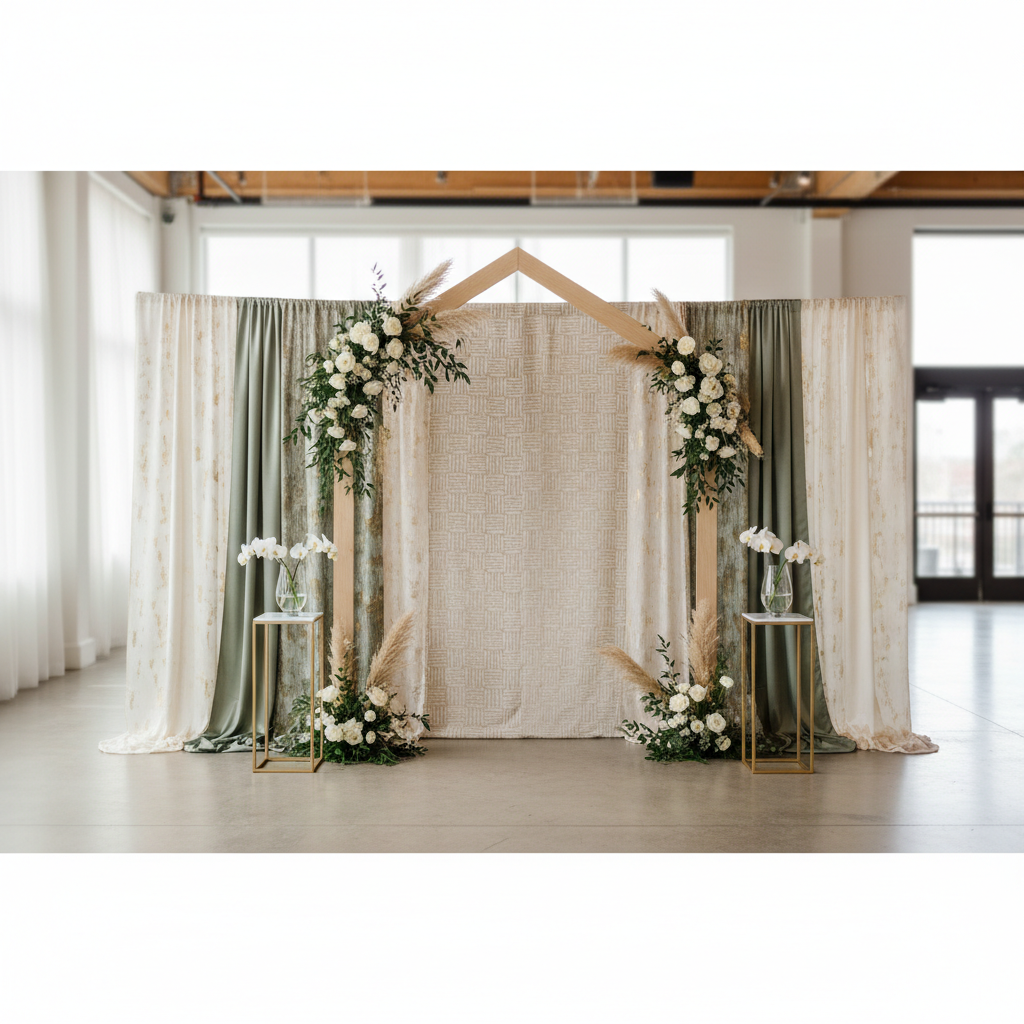 A diverse group of people happily posing in a photo booth with a vibrant, custom-printed fabric backdrop, showcasing professional photo booth backdrop supplier quality.
