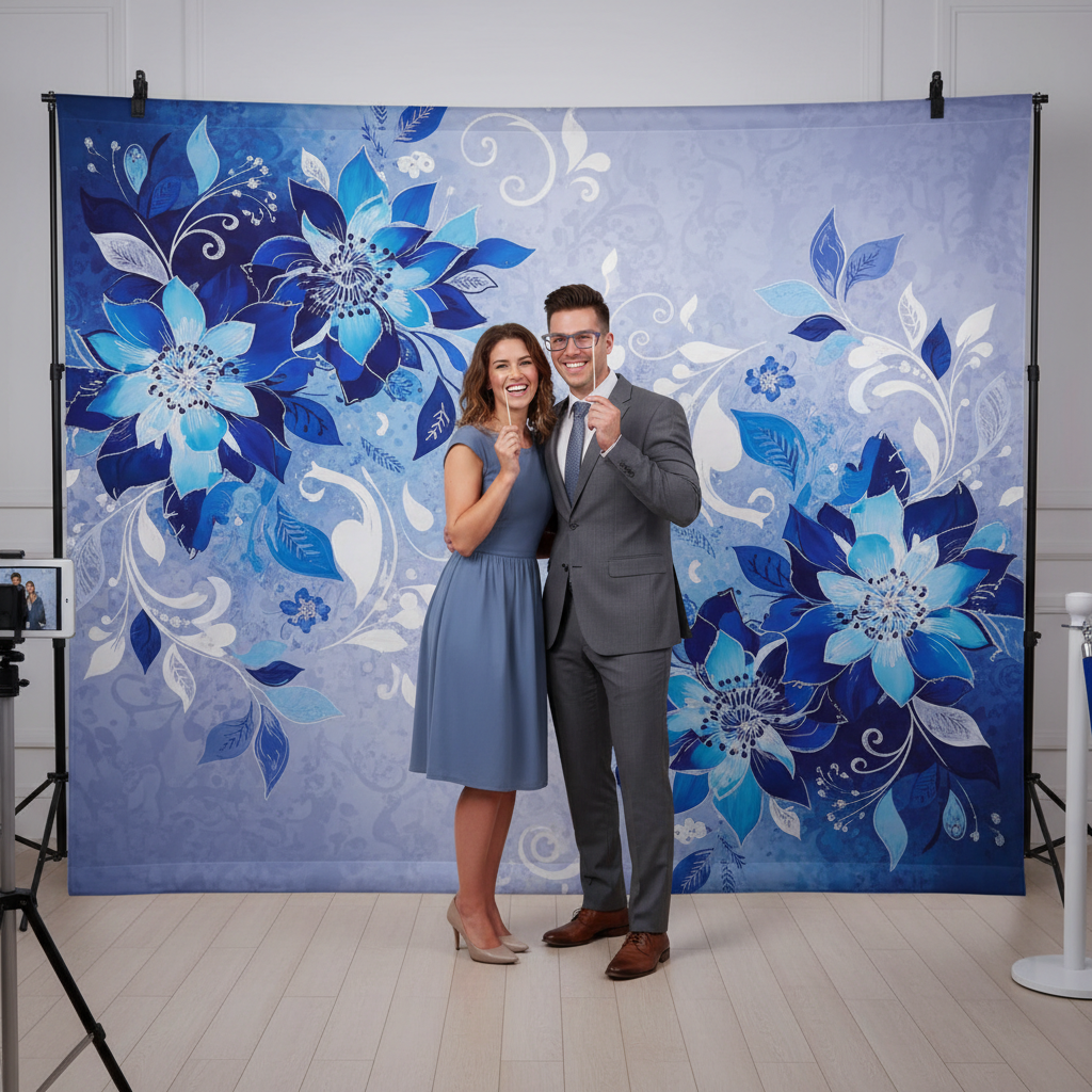 A diverse group of people smiling and posing in front of a vibrant, high-quality custom photo booth backdrop, showcasing a professional photo booth backdrop supplier's product.