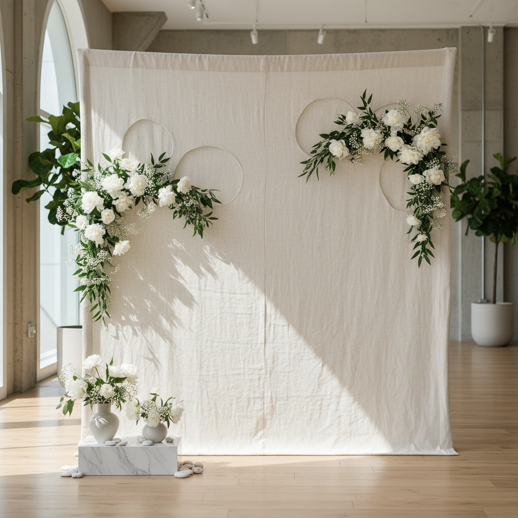 A couple embracing in front of a softly lit floral romantic backdrop for a wedding, with gentle pink and cream tones