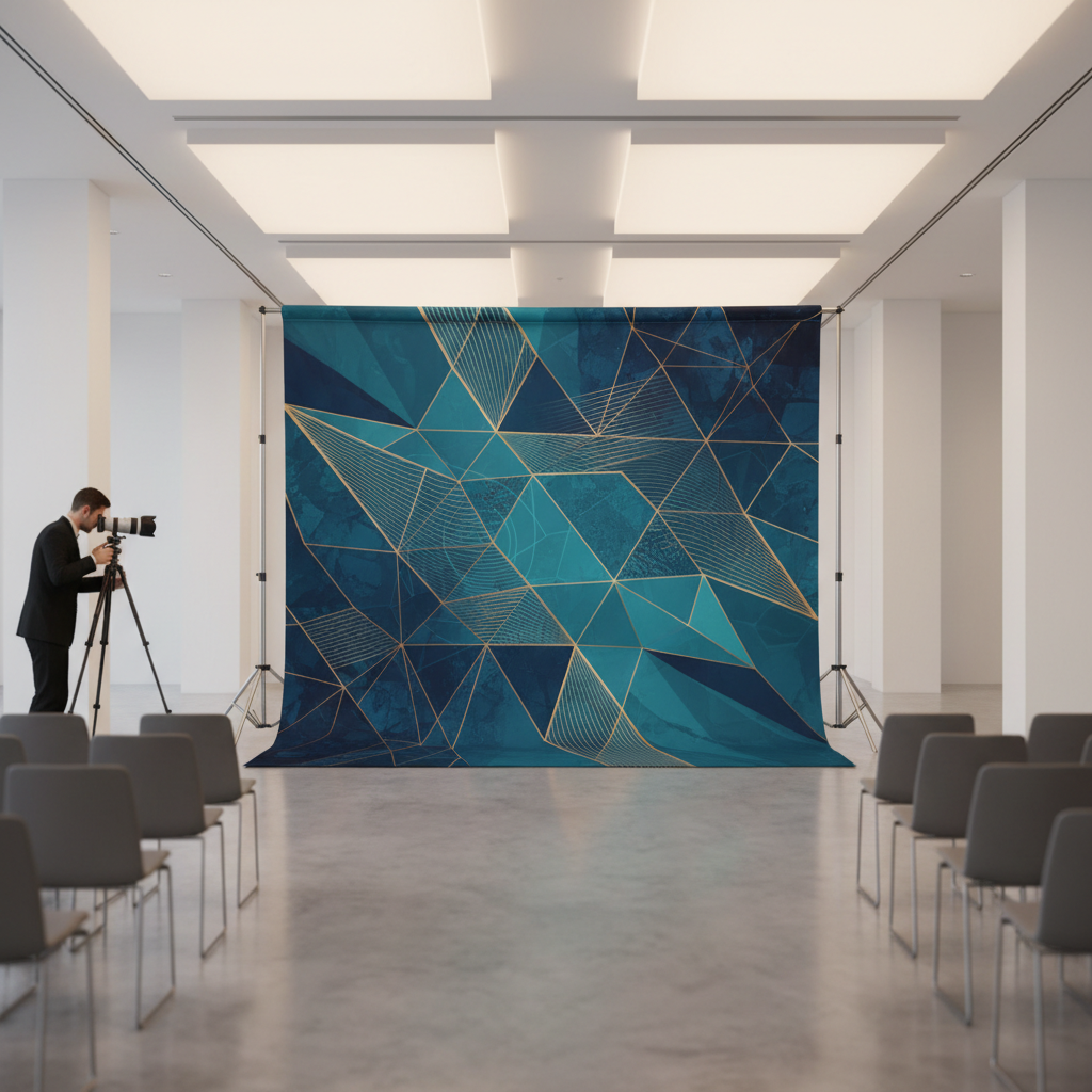 A modern, vibrant tension fabric backdrop with stand set up at a corporate event, featuring a custom logo.