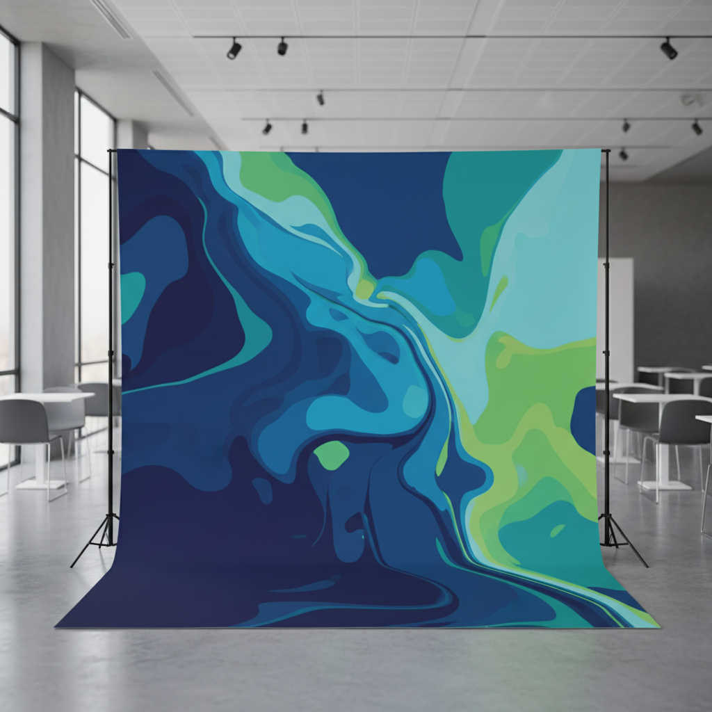 A vibrant tension fabric backdrop with stand set up at an event, displaying a custom brand logo. The backdrop is taut and wrinkle-free, in a modern event space with neutral tones.