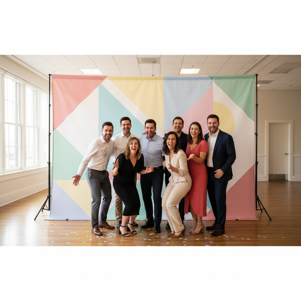 A vibrant themed event backdrop custom designed for a party, featuring playful colors and unique graphics, set up in a bright event space.