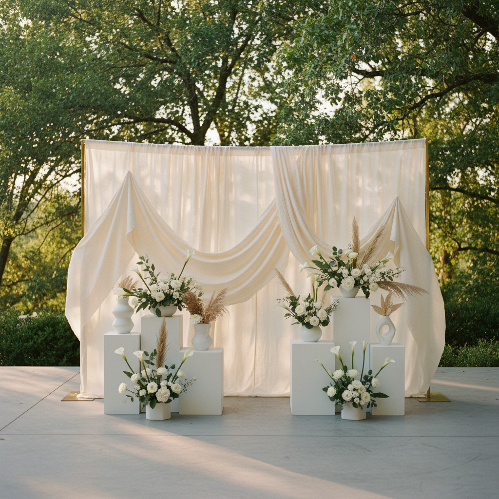 A vibrant custom themed event backdrop with a detailed floral design and soft lighting, ready for a photo booth.