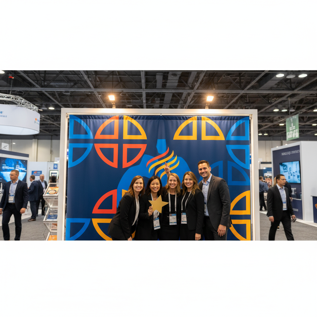 Attendees taking photos in front of a vibrant trade show photo booth backdrop with a company logo