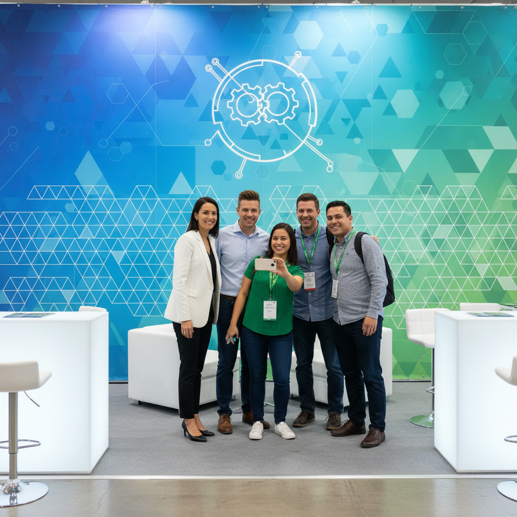 People posing in front of a branded trade show photo booth backdrop with a company logo prominently displayed