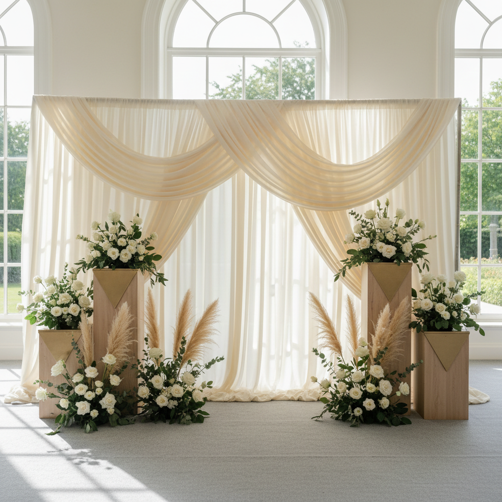 A vibrant photo booth setup with a shimmering gold and black art deco backdrop, a confetti cannon, and happy people posing for a picture, representing trendy photo booth backdrop ideas.