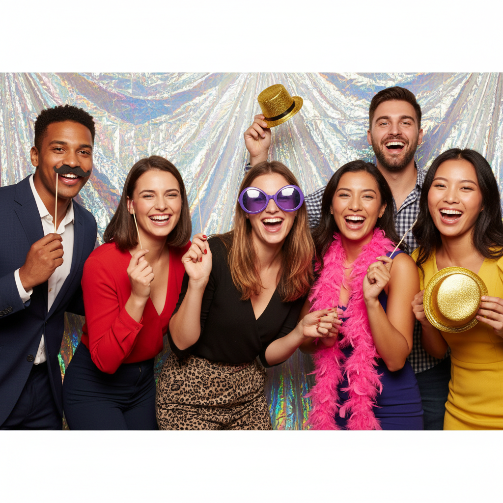 A diverse group of friends smiling and posing in front of a shimmery holographic photo booth backdrop, holding fun props. The scene is brightly lit with warm, inviting tones.
