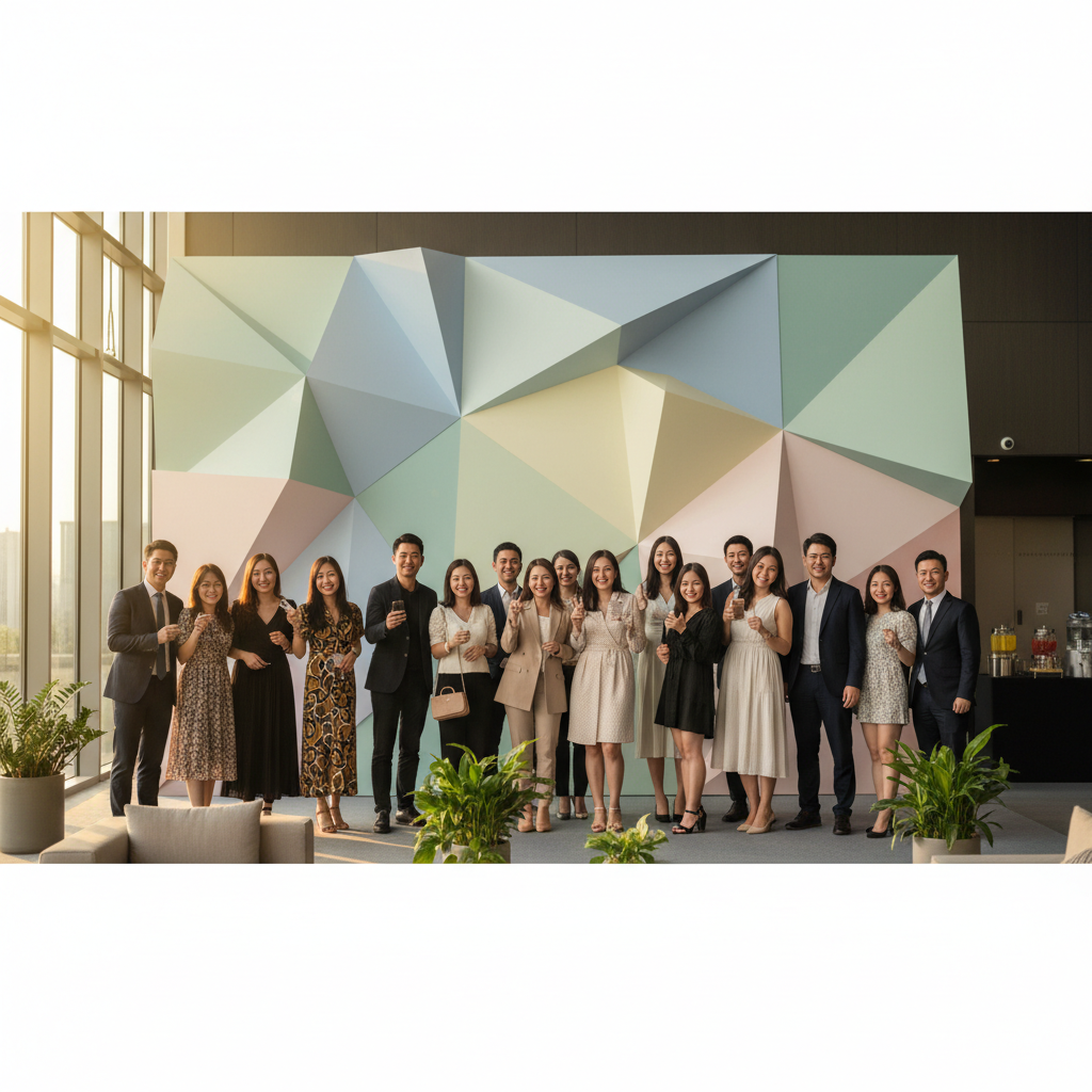 A brightly lit event space with a custom geometric backdrop, featuring guests interacting and taking photos, illustrating unique backdrop ideas for events