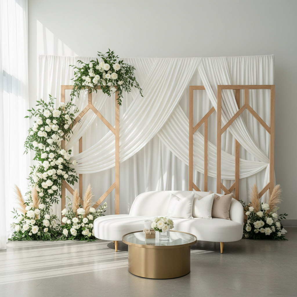 A vibrant event space featuring a large, custom-designed fabric backdrop with abstract geometric patterns in shades of blue, gold, and white. Guests are smiling and taking photos in front of it.