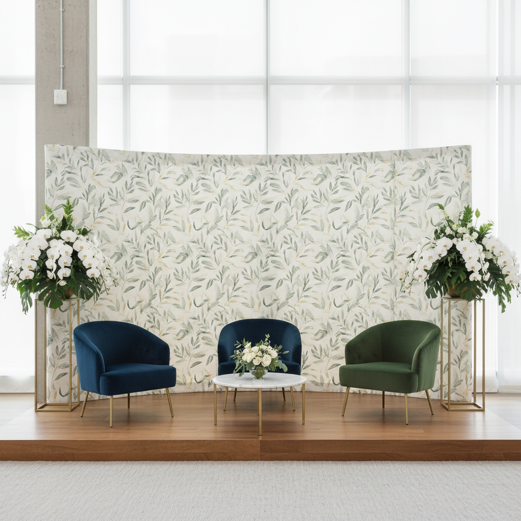 Guests posing in front of a chic, custom viral photo booth backdrop with soft lighting and elegant floral accents