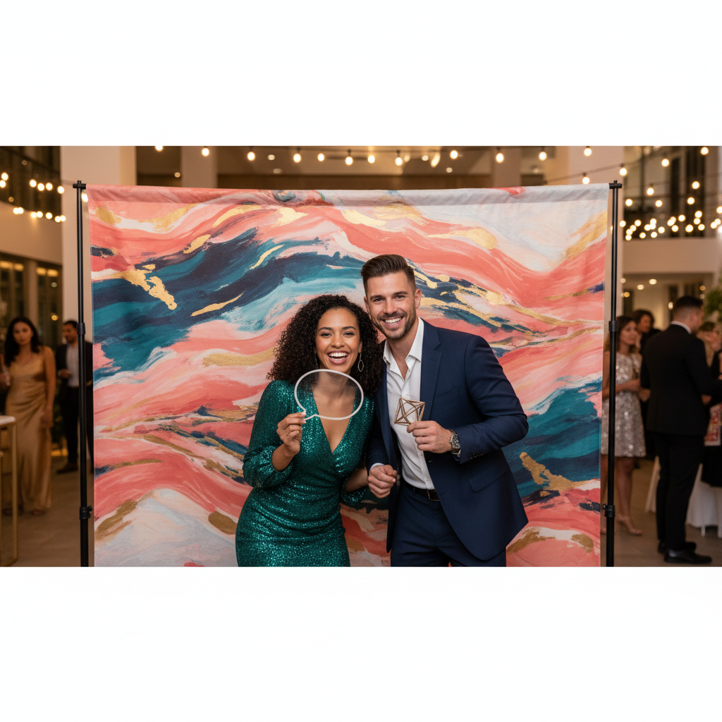 A vibrant, custom-designed viral photo booth backdrop with abstract shapes and bright colors, featuring happy people posing.