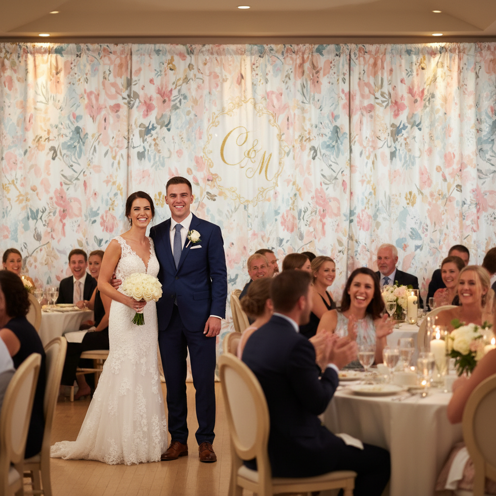 A happy couple posing in front of an elegant wedding backdrop, showcasing the difference in wedding backdrop rental vs buying options.