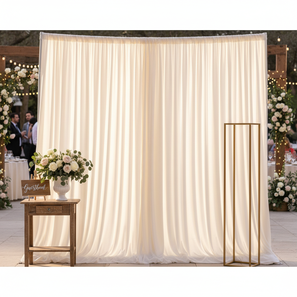 A wedding reception with a beautiful floral wedding photo booth backdrop, guests laughing and posing