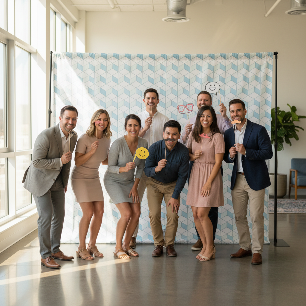 A vibrant event backdrop with people posing for photos, showcasing what makes a good event backdrop