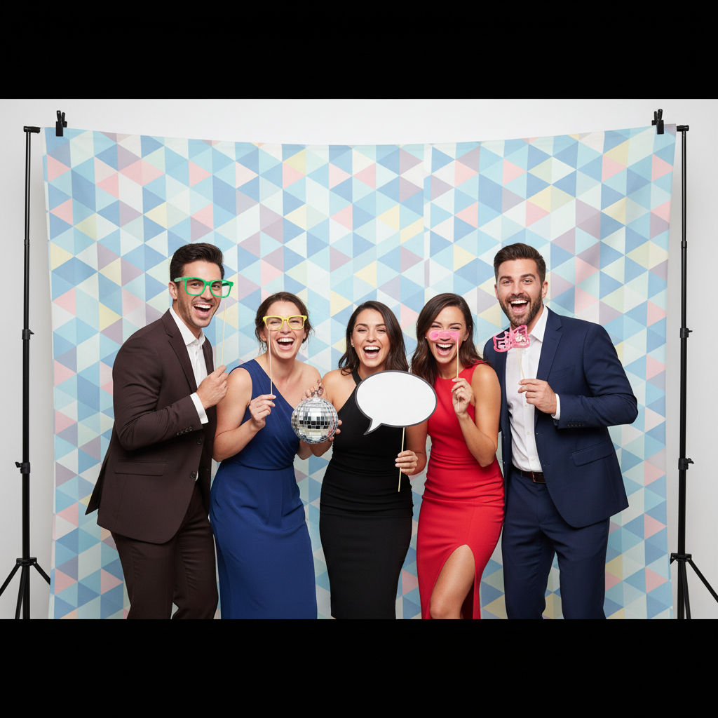 A photo booth setup with a large, custom-printed fabric backdrop featuring a floral design, with a few people posing in front of it. The backdrop fills the frame behind the subjects. The image shows the ideal what size backdrop for photo booth to accommodate multiple guests.