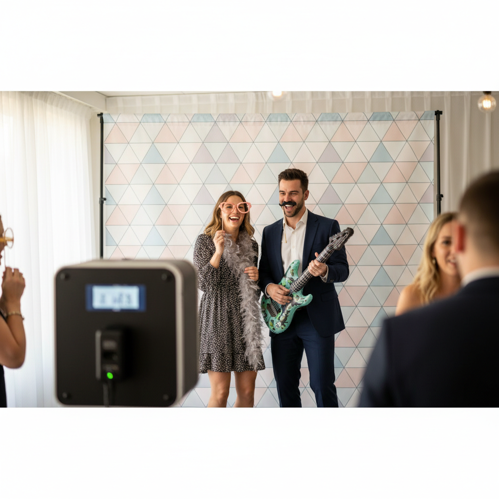 A vibrant custom photo booth backdrop with a unique pattern at an event, showing guests interacting with it.