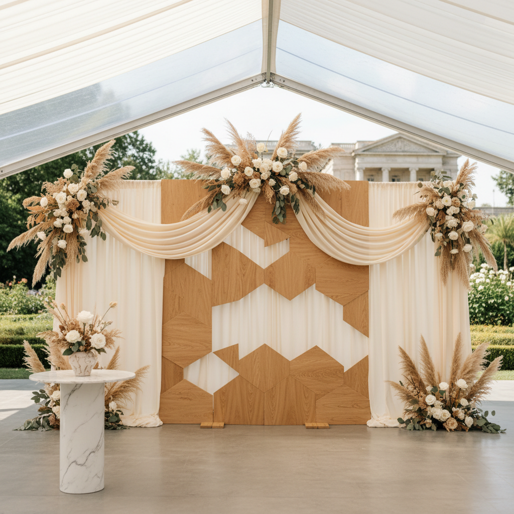 A vibrant custom photo booth backdrop with a geometric pattern, people laughing and posing in front of it, soft lighting, and a shallow depth of field, showcasing where to buy custom photo booth backdrops.