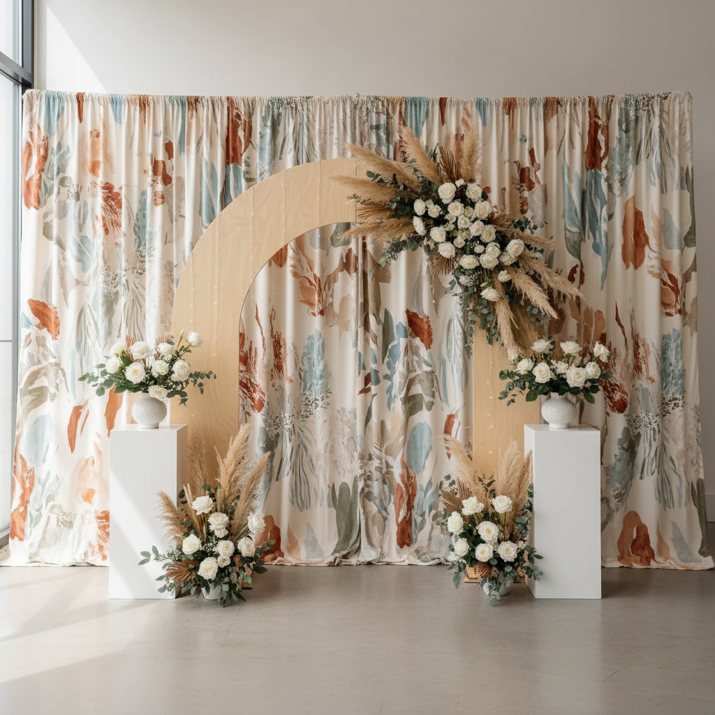 Elegant white drapery backdrop wedding setup with soft uplighting and floral accents