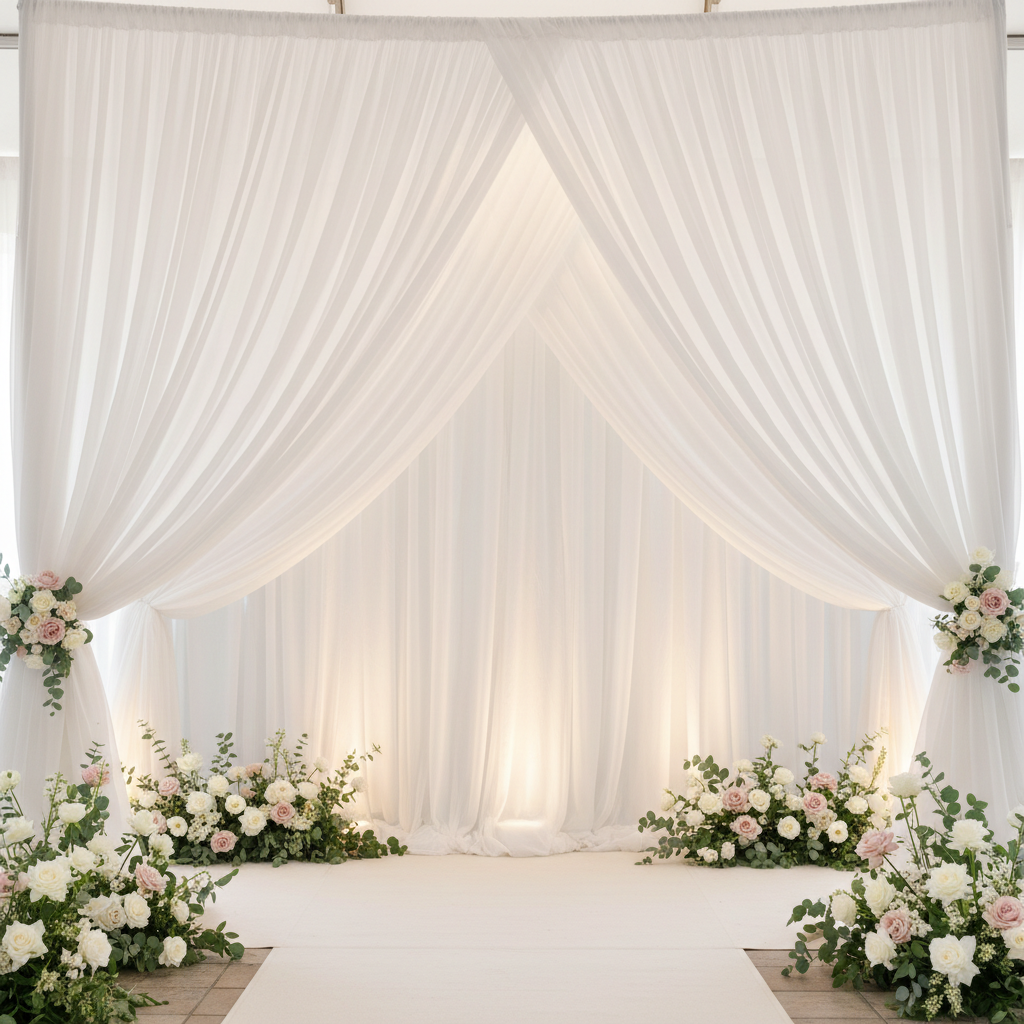 Elegant white drapery backdrop wedding setup with soft lighting and floral accents