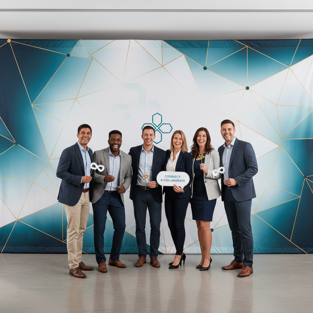 A diverse group of smiling people posing in front of a vibrant custom event backdrop at a corporate launch party, holding branded props.