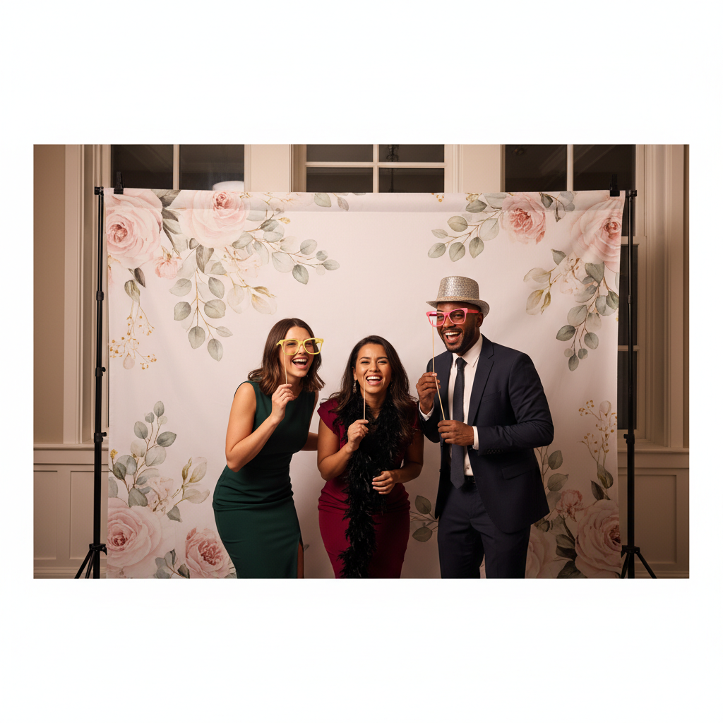 A vibrant photo booth setup featuring a smooth, wrinkle free backdrop for photo booth, with people laughing and posing