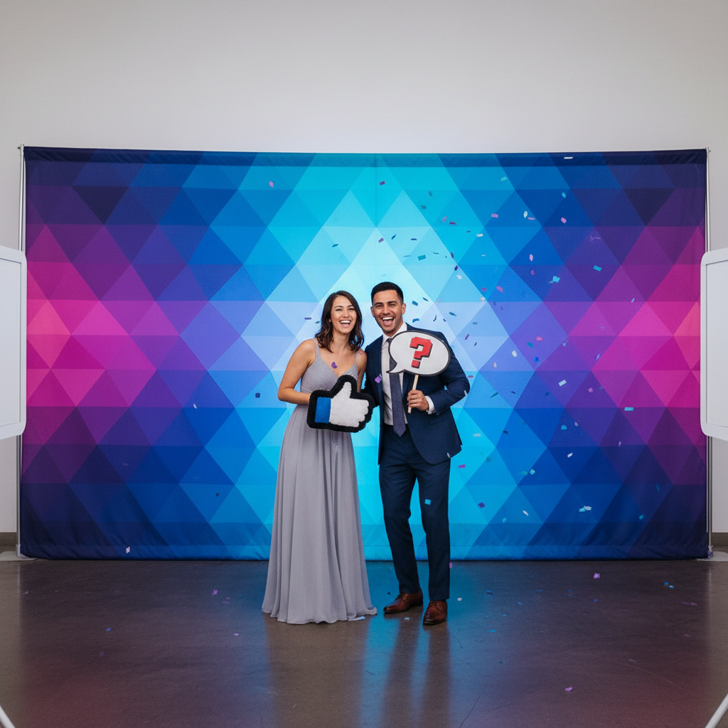 A vibrant wrinkle free backdrop for photo booth at a lively event, with people posing and smiling