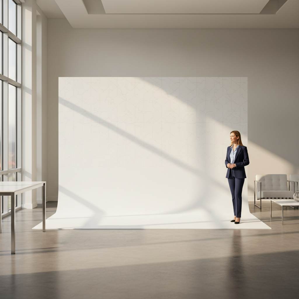 A professionally dressed woman smiling in front of a smooth, custom wrinkle resistant event backdrop with a subtle brand logo, set in a bright, modern event space.