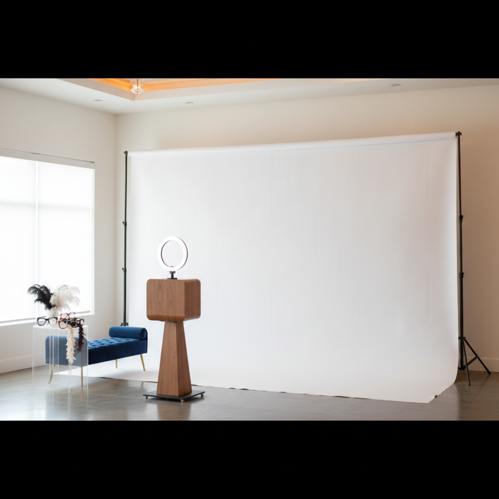 A brightly lit event space featuring a large, perfectly smooth wrinkle resistant event backdrop with a subtle pattern, positioned behind a stylish photo booth setup. The backdrop is taut and free of any creases, demonstrating its high quality.